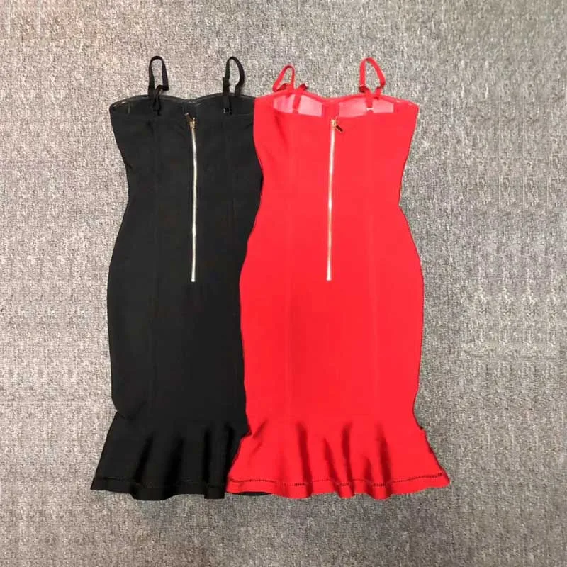 

wholesale 2020 Newest Women Black and red Spaghetti Strap Sexy Mermaid Celebrity Cocktail party bandage dress(L2936)