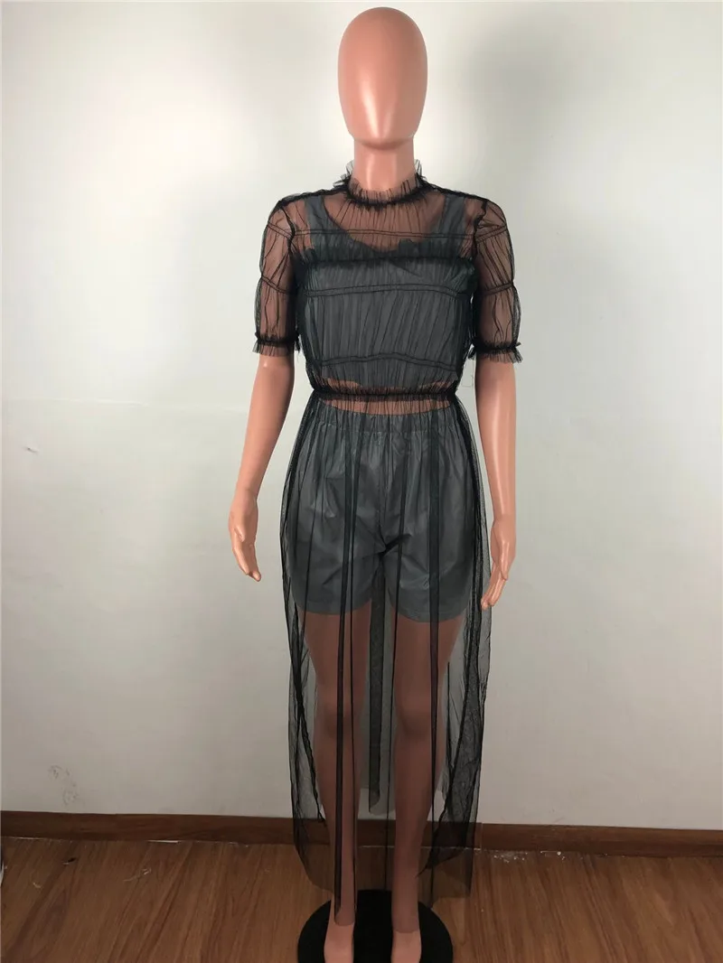 Summer See Through Mesh Maxi Dress Women O-neck Short Sleeve Tunic Pleated Long Sexy Party Beach Wear Sundress Vestidos | Женская одежда