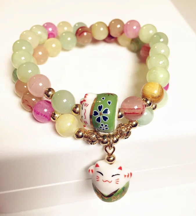 Lucky cat Дизайн многослойный натуральный камень браслет для женщин Летний стиль Модные ювелирные изделия подарок карамельный цвет розовый фиолетовый - Окраска металла: clr 2