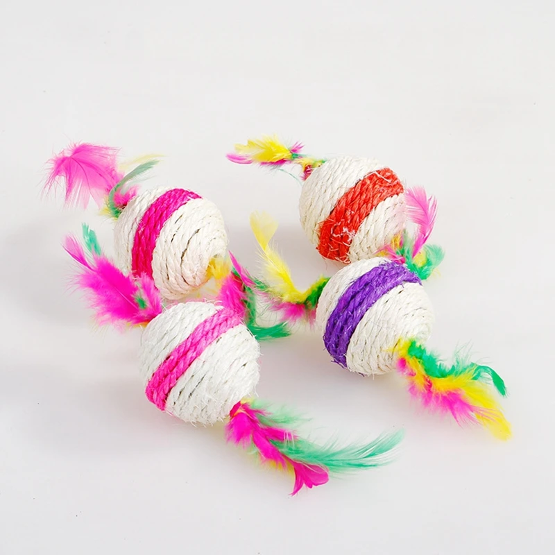 Two Feathered Natural Sisal Candy Pet Cat Toy Multicolor Catch Ball | Дом и сад