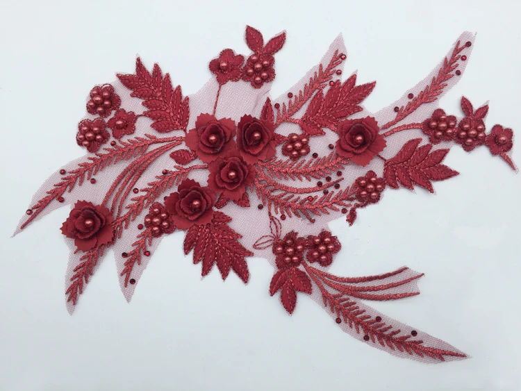 Кружевная аппликация с 3D цветами Королевского синего цвета 1 шт. темно красные