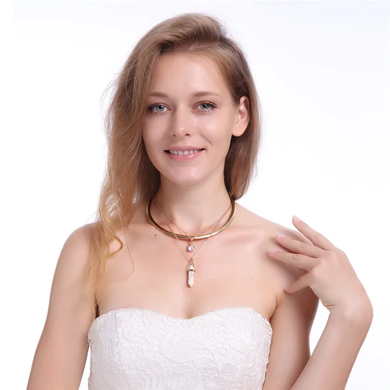 [JIMORE] Fashion Womens Chokers Necklaces Hexagonal Natural Stone Pendant Multilayers Torque Collier Femme Gold Color Chocker | Украшения и