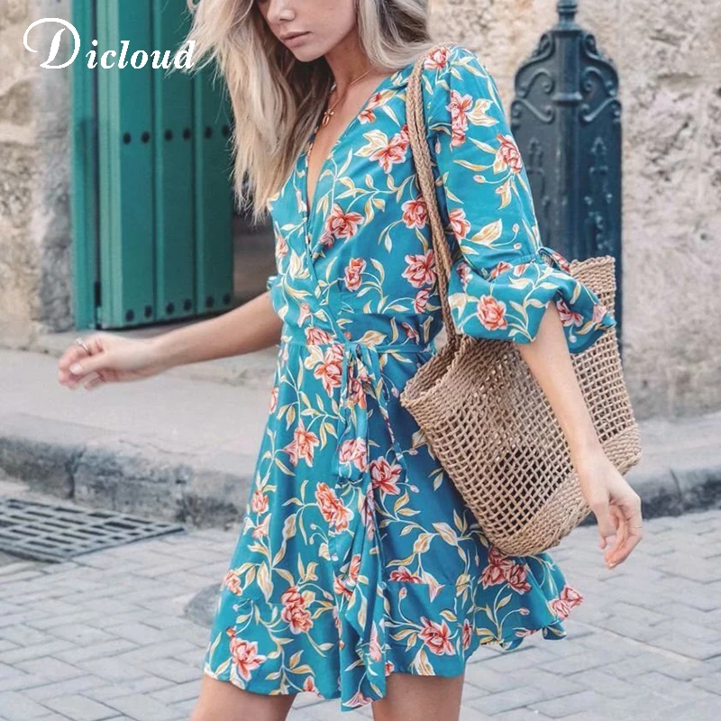DICLOUD элегантные платья с v образным вырезом и оборками Boho женские летние