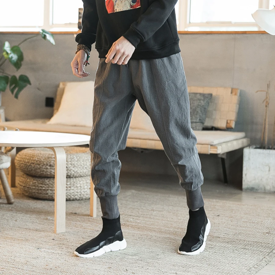 Хлопковые и льняные спортивные брюки для мужчин полосатые свободные мужские