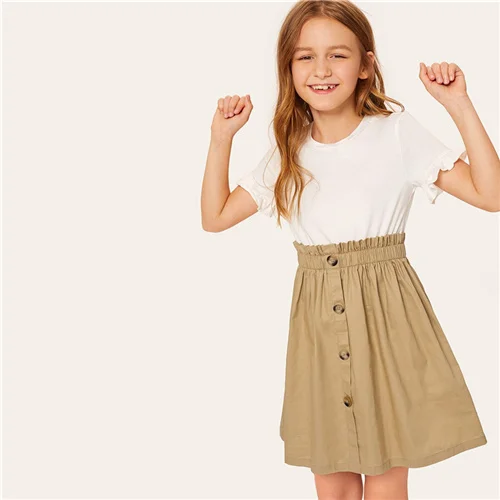 SHEIN/детское Повседневное платье для девочек с двумя пуговицами и рюшами спереди; коллекция года; летнее короткое расклешенное платье с рукавами-воланами и цветными блоками - Цвет: Multicolor