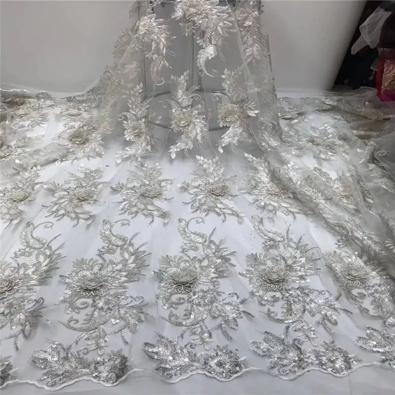 High-quality African lace sapphire 3D sequins embroidery high-quality French gauze sequence fabric with tassels | Дом и сад