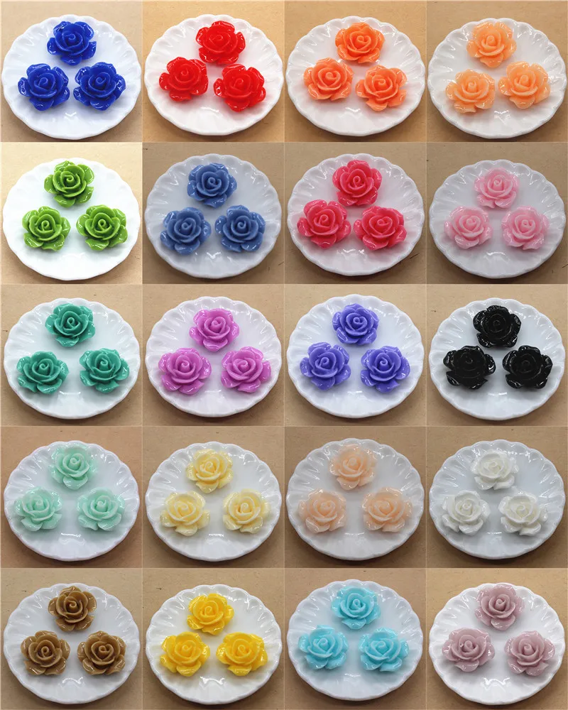 50pcs 15mm Resin Rose Flowers Flat Back Cabochon DIY Jewelry/ Craft Home Decoration Accessories,20 Colors to Choose