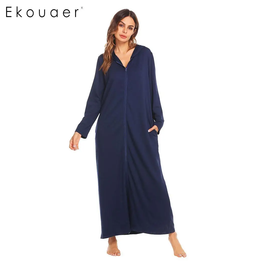 dark blue Ekouaer Халаты женские халаты на молнии женские с длинным рукавом с капюшоном халат кимоно для спа Халаты Ночное белье - Цвет: dark blue
