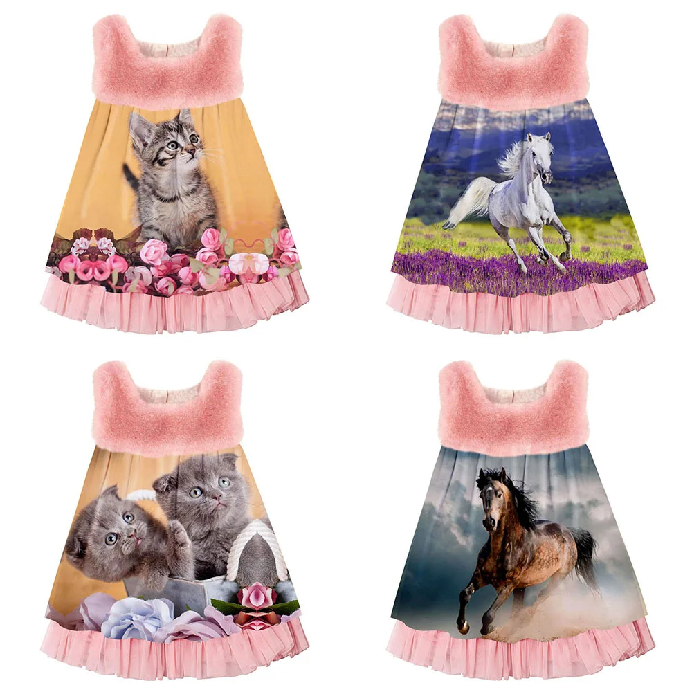 baby Girls Dress fashion Cute Animal printing Spring/Autumn faux fur sleeve girls dress Toddler Kids Dresses Children Clothing | Детская