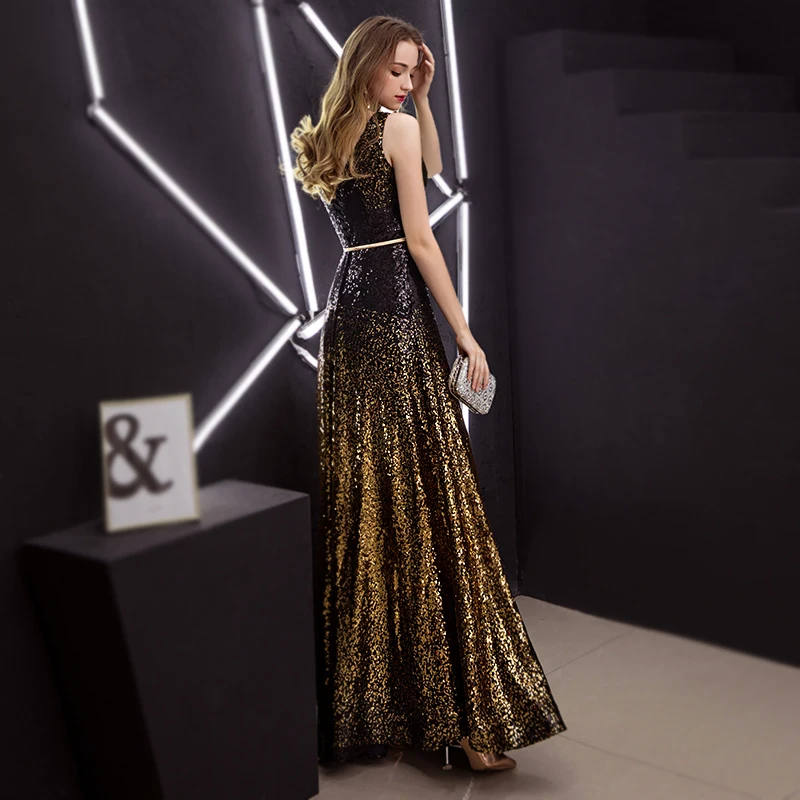 Ladybeauty 2019 Новое прибытие Градиент с блестками Вечернее платье V образным вырезом