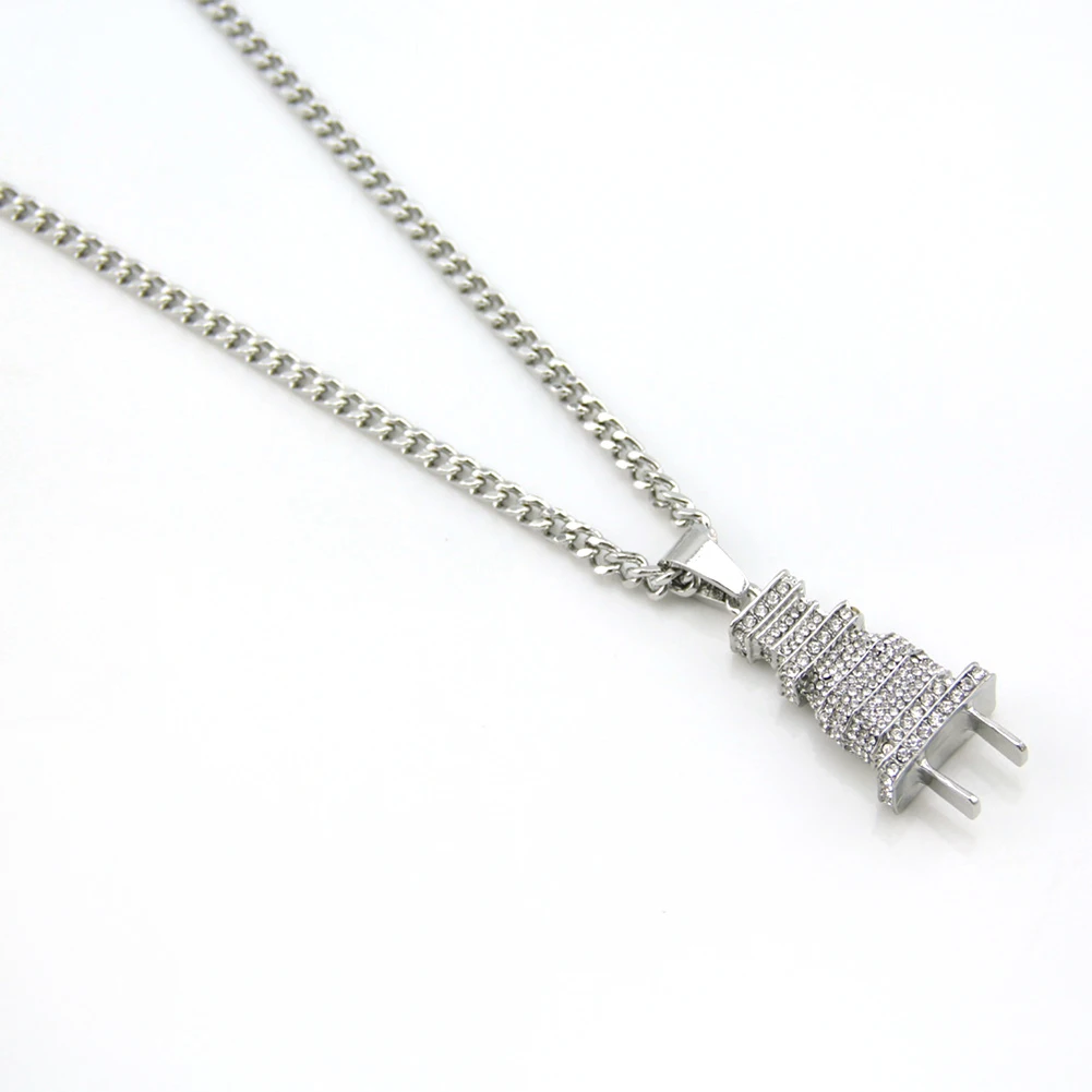 Iced Out Bling Plug Pendant Necklace Gold Silver Color Charm Micro Pave Full Rhinestone Hip Hop Jewelry | Украшения и аксессуары