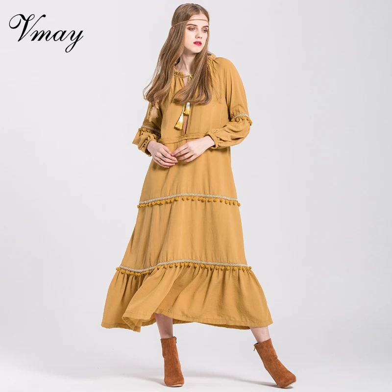Vmay 2018 New Arrival Women Elegant Bohemian Long Dresses V-Neck Lantern Sleeve Tassel Patchwork Boho Maxi Dress V1710419 | Женская