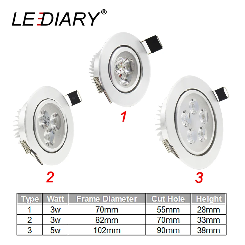 LEDIARY-luces empotrables de techo para cocina, luminaria CE, 110-240V, 3W, 5W, 55mm, 70mm, 90mm, ángulo ajustable