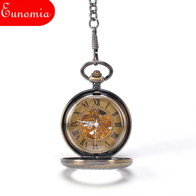 Круглые бронзовые прозрачные Механические карманные часы с цепочкой для ключей