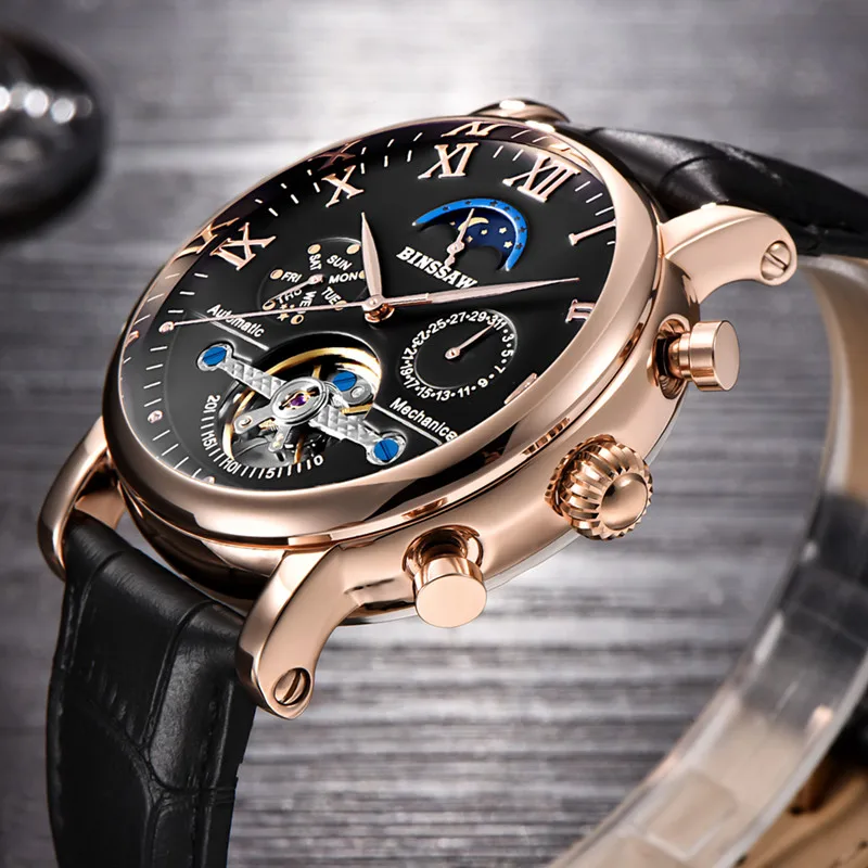 BINSSAW механические часы для мужчин Спорт Tourbillon Автоматический Топ люксовый бренд Relojes Hombre кожа Moon Phase часы relogio - Цвет: JG--Black