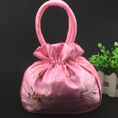 Розовый Вышитые фрукты, большие подарочные мешки с ручками, Кошелек на запястье, атласная ткань, сумка на шнурке, Женский кошелек, универсальный чехол для телефона, 35 шт/л - Цвет: Розовый