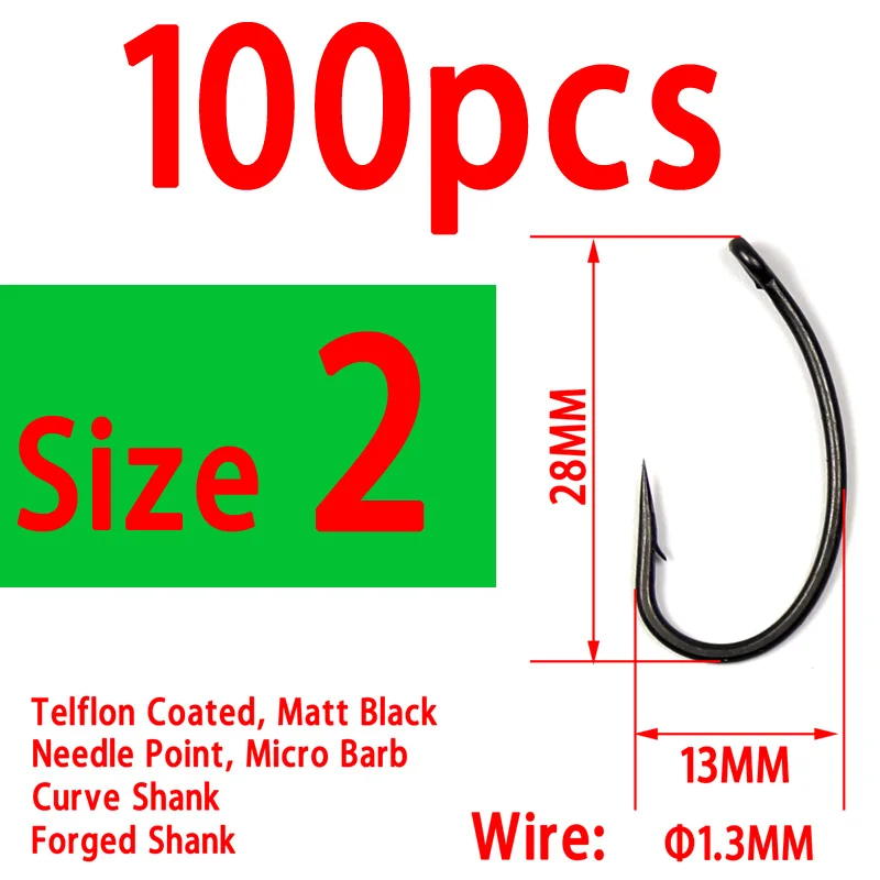 100pcs size 2 Bimoo 100 шт./упак.#2#4#6#8 тельфлон кривой Карп рыболовные крючки Высокое качество матовый черный хлопает вверх дном приманки крючок для ловли карпа - Цвет: 100pcs size 2
