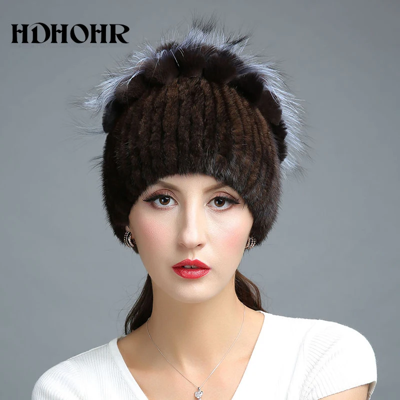 HDHOHR НОВАЯ шапка из натурального меха Wram зимняя женская норки вязаные шапочки