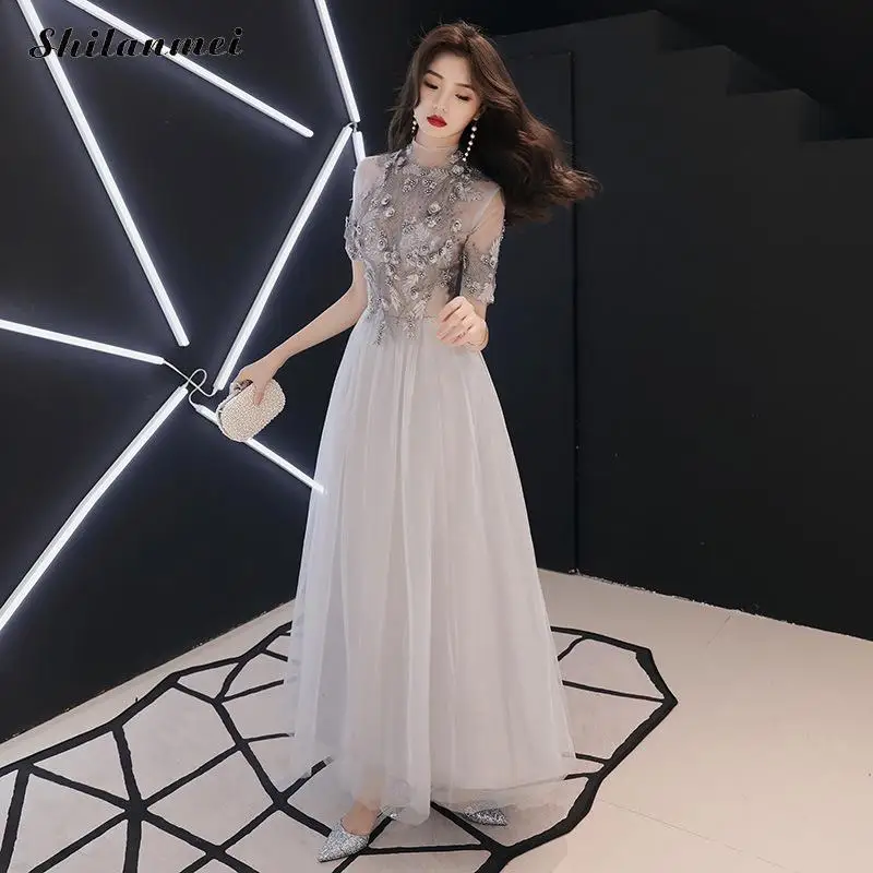 

Summer Chiffon Evening Party Dresses For Women Sexy See Through Long Shining Dress Patchwork Retro Grey Night Vestidos De Fiesta