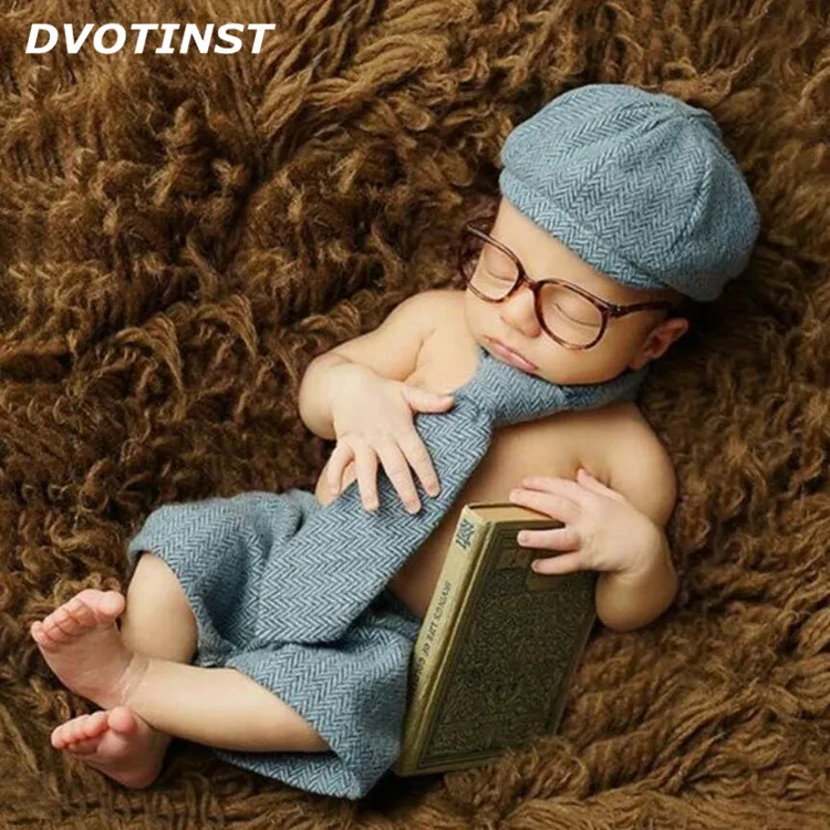 Dvotinst Newborn Photography Props Baby Boy Shorts+Hat+Long Tie+Glasses Gentleman Set Costume Clothing Studio Shoot Photo Prop