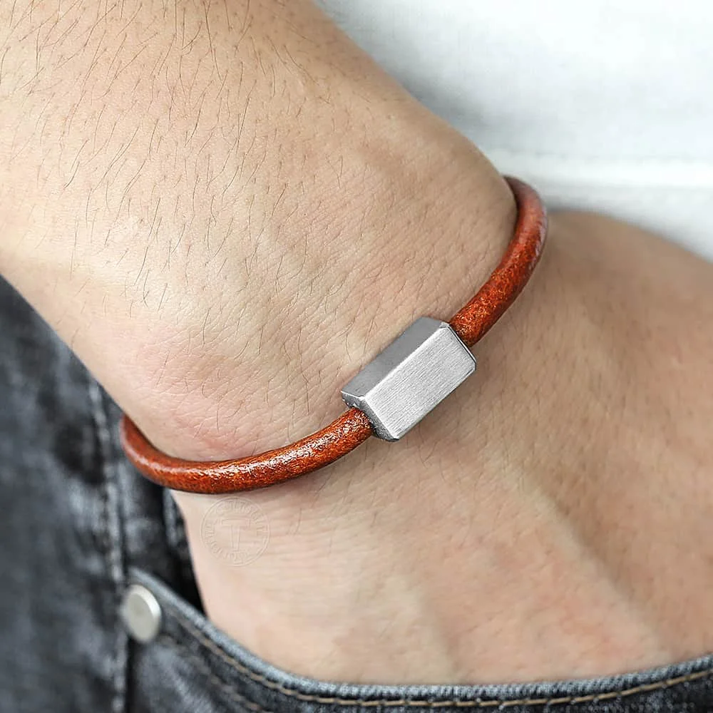 Custom logo Name Engrave Genuine Leather Bracelet& Bangle Stainless Steel Charm Bracelet for Men Women Jewelry Gift TBLM01