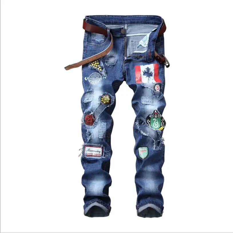 

Джинсы Y2K мужские зауженные прямые, дизайнерские синие джинсы с дырками, уличная одежда, байкерские длинные джинсы