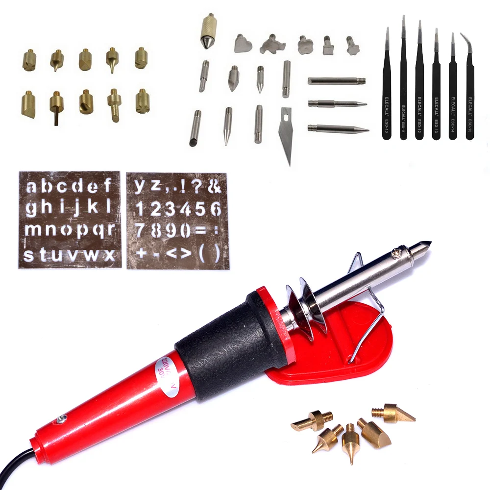 

42pcs Red Color Wood Burning Pen Set +Tweezer+soldering iron+tips Pyrography Tool Woodburning Soldering Pen Kit