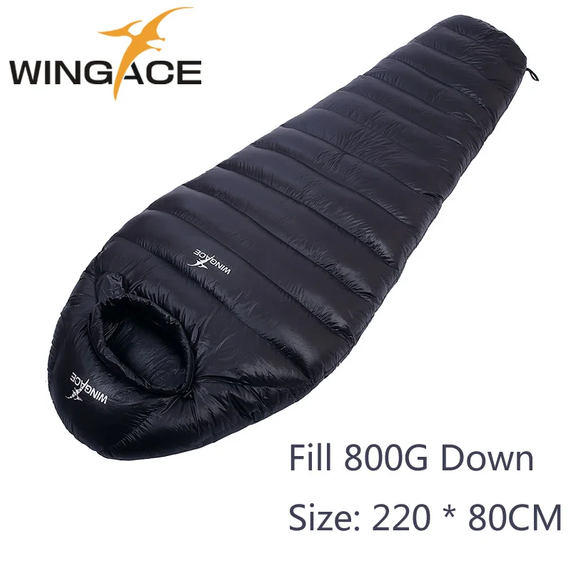 WINGACE заполнить 400 г 600 800 г 1000 1200 гусиный пух спальный мешок зимние уличные Сверхлегкий Мумия спальный мешок для взрослых - Цвет: 800G BLACK
