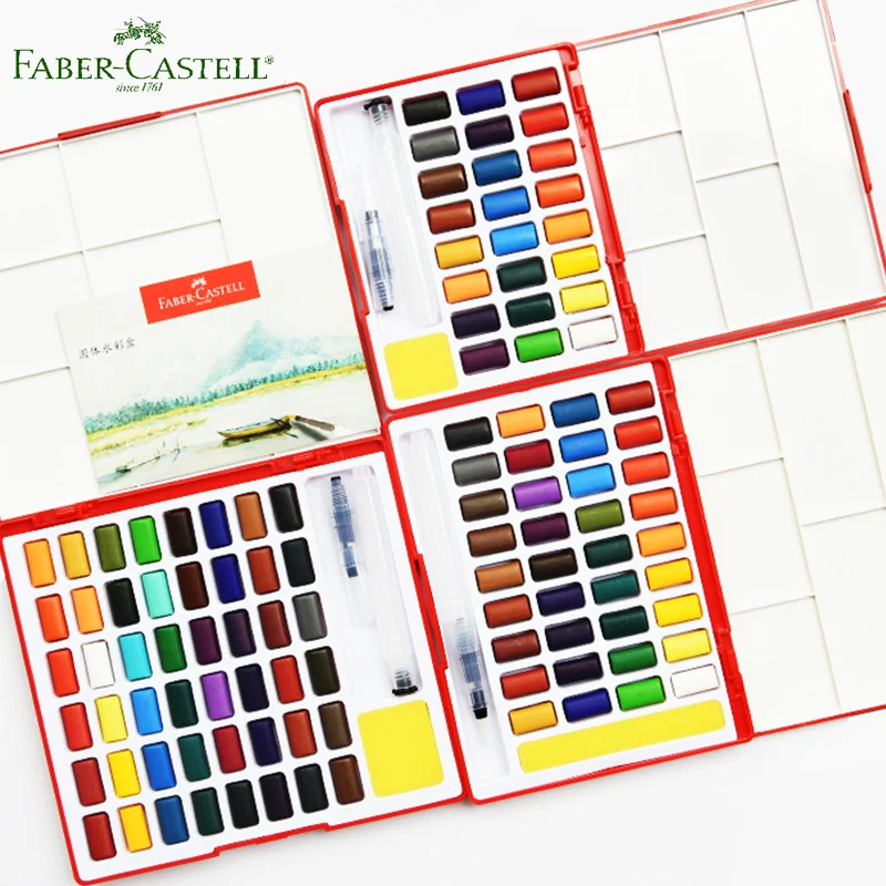 

Faber Castell Solid Watercolor Paint set 24/36/48 Brilliant Colors Travel Kit and Water Brush Sponge Drawing Art School Supplier