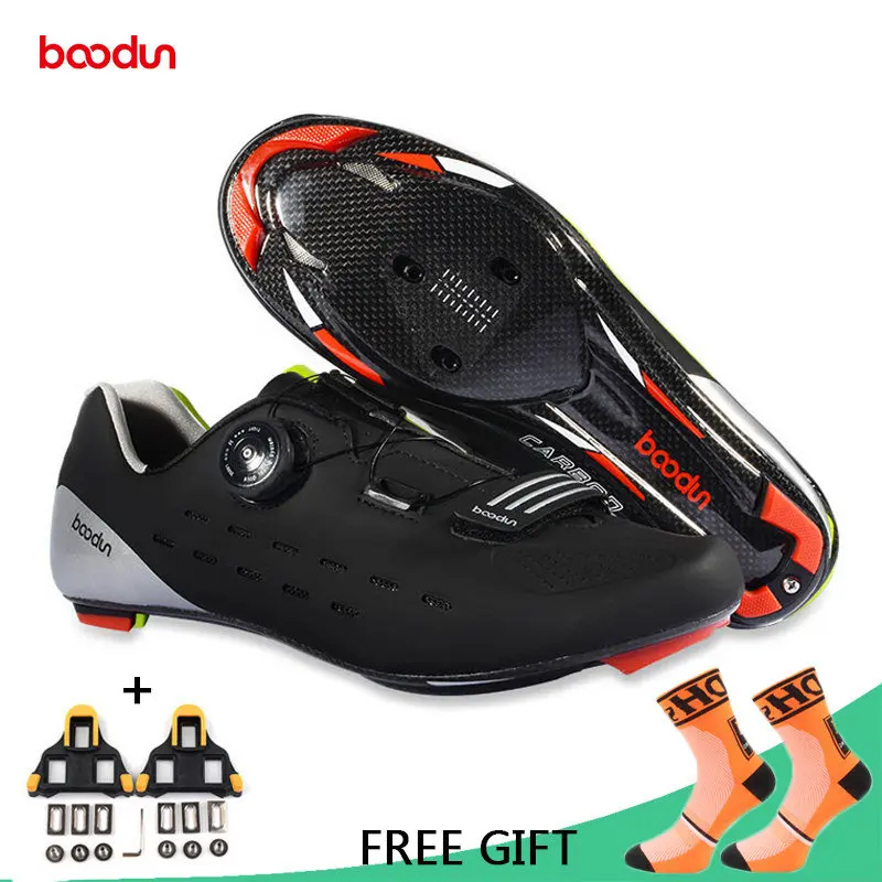 black with cleats Boodun, профессиональная велосипедная обувь из углеродного волокна, Мужская обувь для гонок, шоссейного велосипеда, Ультралегкая дышащая обувь, самоблокирующиеся велосипедные кроссовки - Цвет: black with cleats