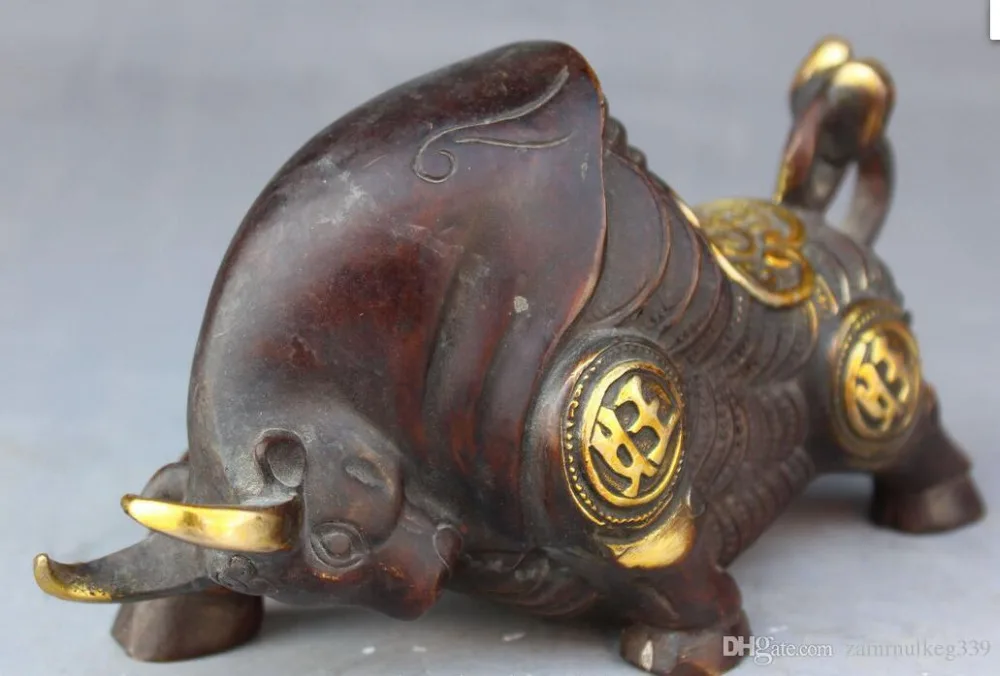 20 см китайские народные бронзовые позолоченные монеты богатства год зодиака бык