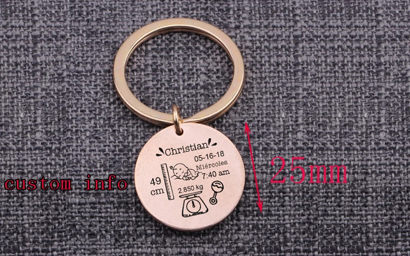 Детские статы вес Длина пользовательское имя Забавный Милый папа мама Keepsake ребенка рождения круглый брелок ювелирные изделия подарок в честь гравировки