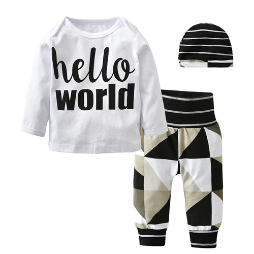 Милая Одежда для новорожденных мальчиков и девочек с надписью «Hello World» комплект из 3 предметов, детский хлопковый комбинезон с длинными рукавами+ штаны+ шапочка, одежда для малыша - Цвет: Белый