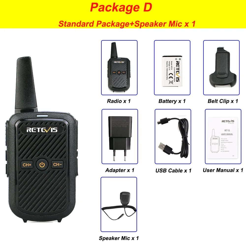 PackageD-MIC Retevis RT15 Мини Портативная рация 2 Вт UHF 400-470 МГц 16CH CTCSS/DCS TOT VOX сканирование двухстороннее радио коммуникатор - Цвет: PackageD-MIC