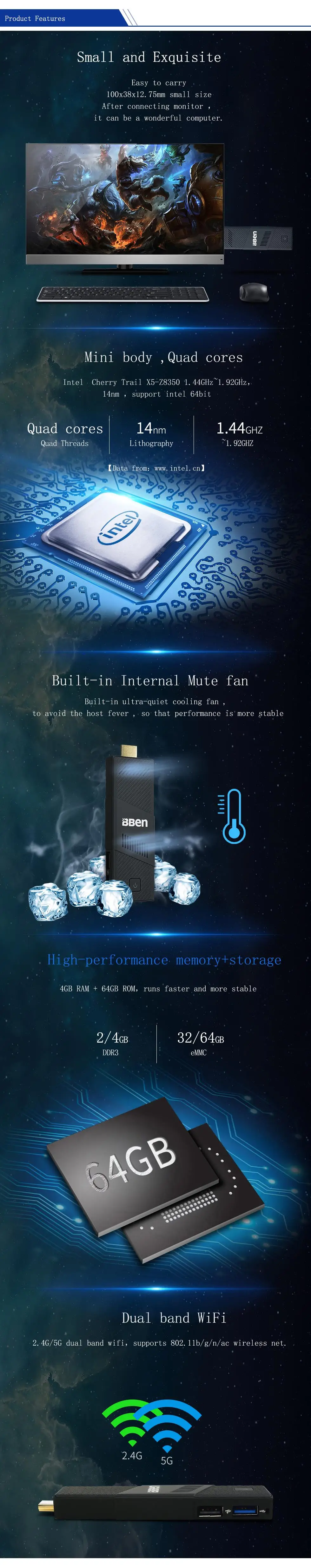 Bben мини Компьютер палка встроенный вентилятор с cherry trail z8350 процессор 4 ГБ/64 ГБ, 2 ГБ/32 Гб Поддержка двухдиапазонный Wi-Fi bluetooth