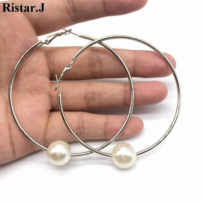 Крупные круглые серьги-кольца с искусственным жемчугом для женщин простые