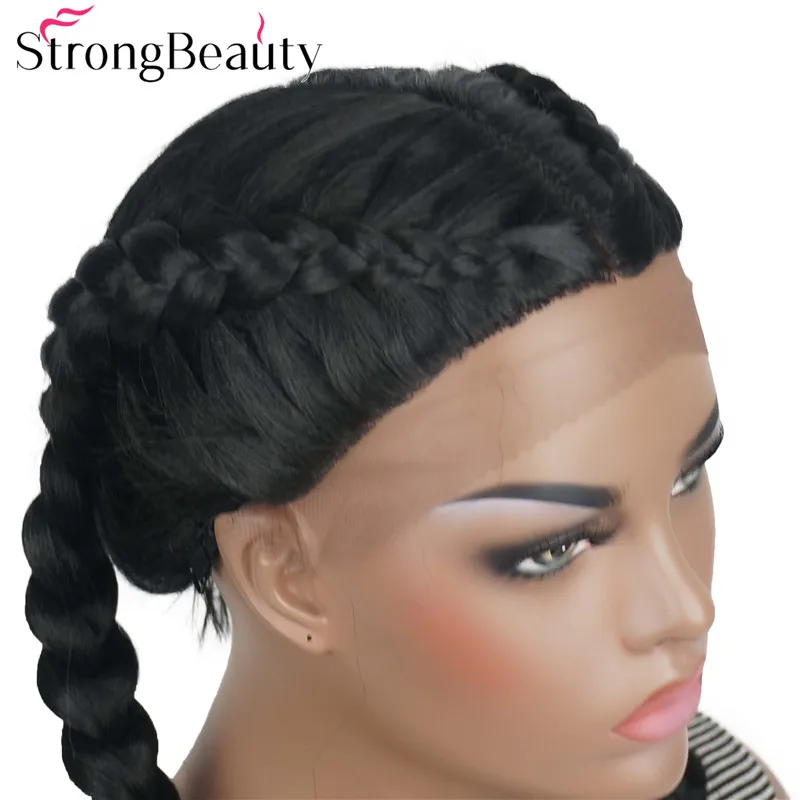 StrongBeauty, две косы, волосы на шнурках, передние парики для женщин, синтетические волосы, длинный черный парик на шнурке