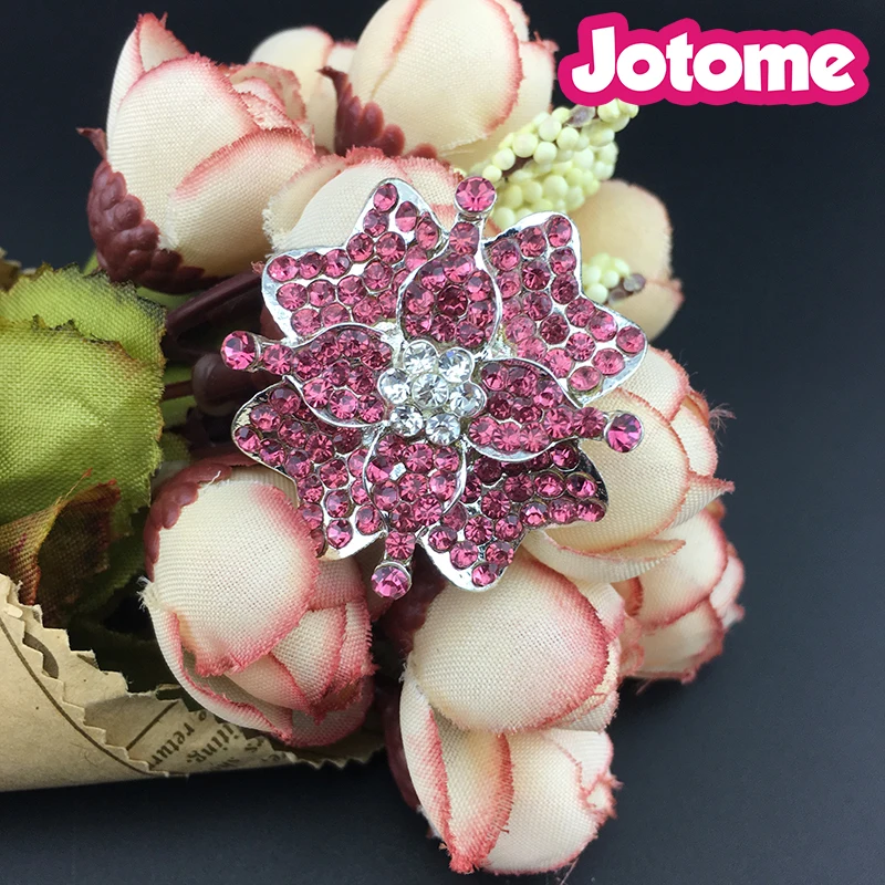 

100pcs/Lot Wholesale silver tone In Stock Flat Back rose pink Shining Flower Rhinestone Metal Crystal Glass Button