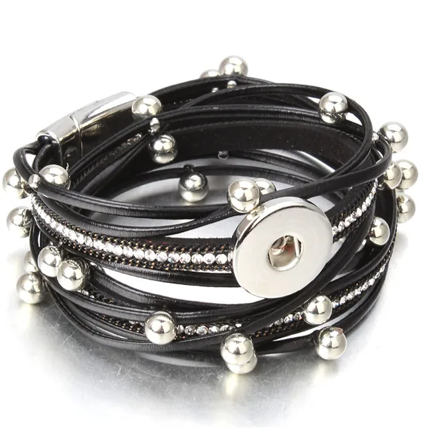 2 New Snaps Jewelry Vintage Crystal Leather 18mm Snap Button Bracelet Bangle Punk Multilayer Leather Bracelet Wrap Bracelets - Окраска металла: 2