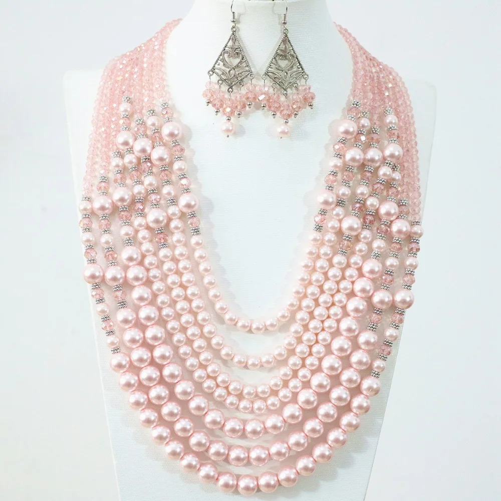 

Unique design 7 rows necklace earrings pink round shell simulated-pearl glass abacus beads charms women jewelry set B1295