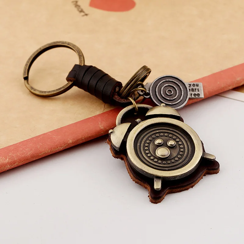 antique bronze plated alarm clock keychain keyring real leather key holder for women bag charm pendant hanger ring birthday gift | Украшения