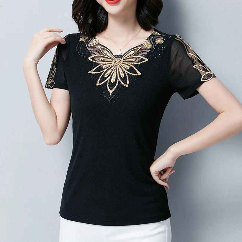 

blouse shirt New Arrivals 2019 Summer short sleeve mesh tops Elegant Slim hollow out Embroidered blouse women tops blusas