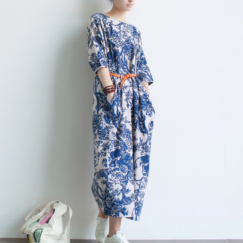 Летнее Платье 2016 Женщин Белье Синий Белый Фарфор Печати Старинные макси Длинные