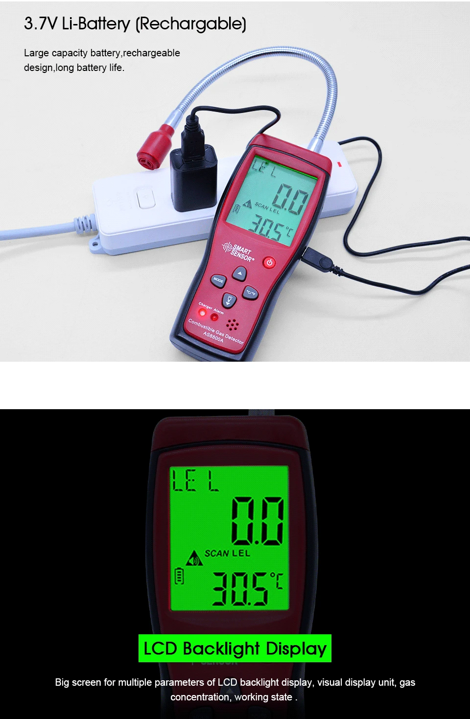 SMART SENSOR AS8800A Combustible Natural Gas Detector Portable Gas Leak Location Determine Gas Analyzer