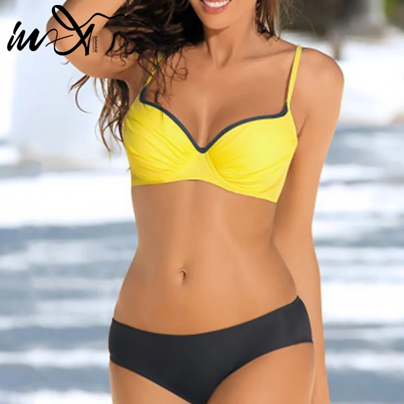 Женский купальник большого размера In-X Желтое Бикини с пуш-ап эффектом пляжная