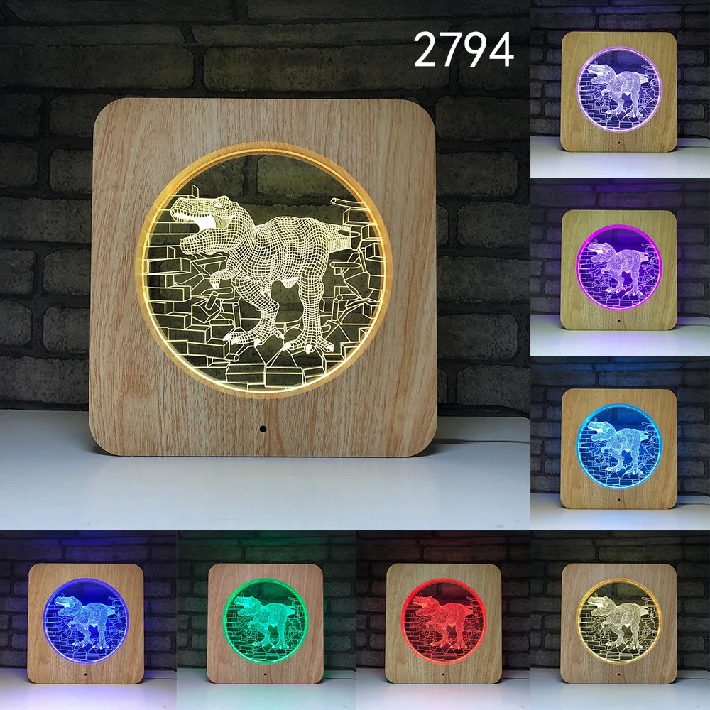 Динозавр слон LED 3D ночник дерево зерна сенсорный переключатель Usb животное