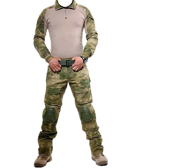 Green Camo HANWILD Мужская Тактическая Военная Униформа Рубашка армейские боевые охотничьи брюки с наколенниками камуфляжная тренировочная Треккинговая одежда S19 - Цвет: Green Camo