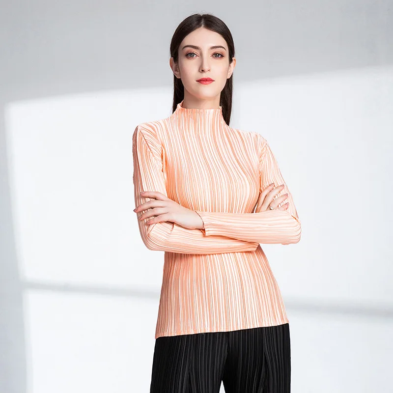 Changpleat 2018 осенние новые женские футболки Топ Miyak плиссированная водолазка