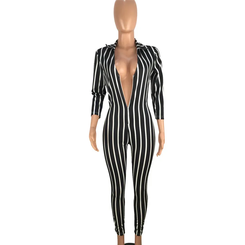 

Women Striped Casual Jumpsuit with Sleeve Sexy Deep V-neck Turn-down Collar Skinny Bodycon Romper and Overalls Combinaison Femme