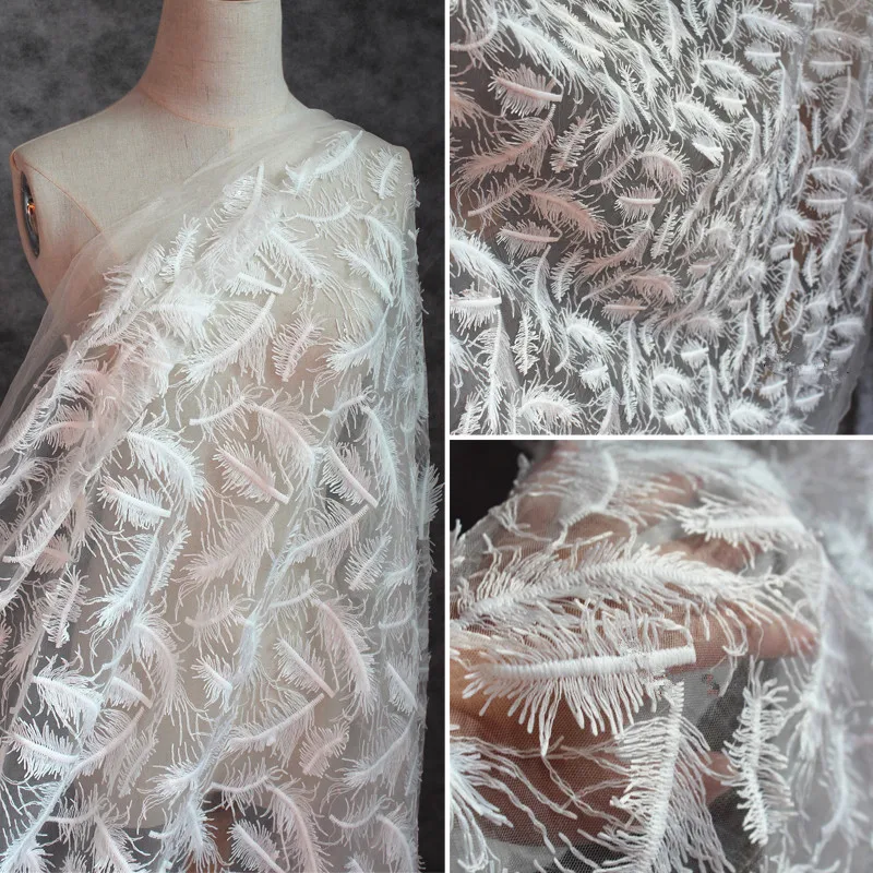 Lace41 100*135cm Pink White Handmade 3d Embroidery Feathers Tassel Mesh Fabric Lace Wedding Dress Clothes The Curtains Clothes